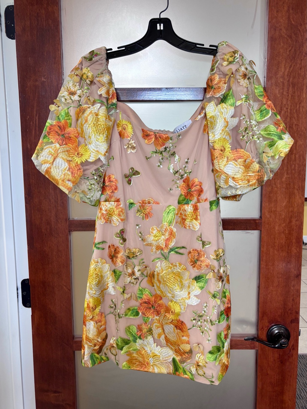 Elliatt Peach Mesh Mini Dress With Orange Floral Embroidery